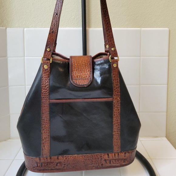 BRAHMIN Bucket Shoulder Bag Black/Brown Medium Croc Pattern Leather - Picture 4 of 12